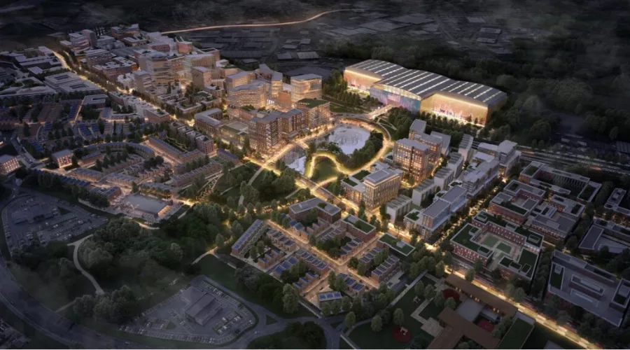 CGI of Aerial view of Brabazon at night, featuring YTL Arena and Brabazon Park.