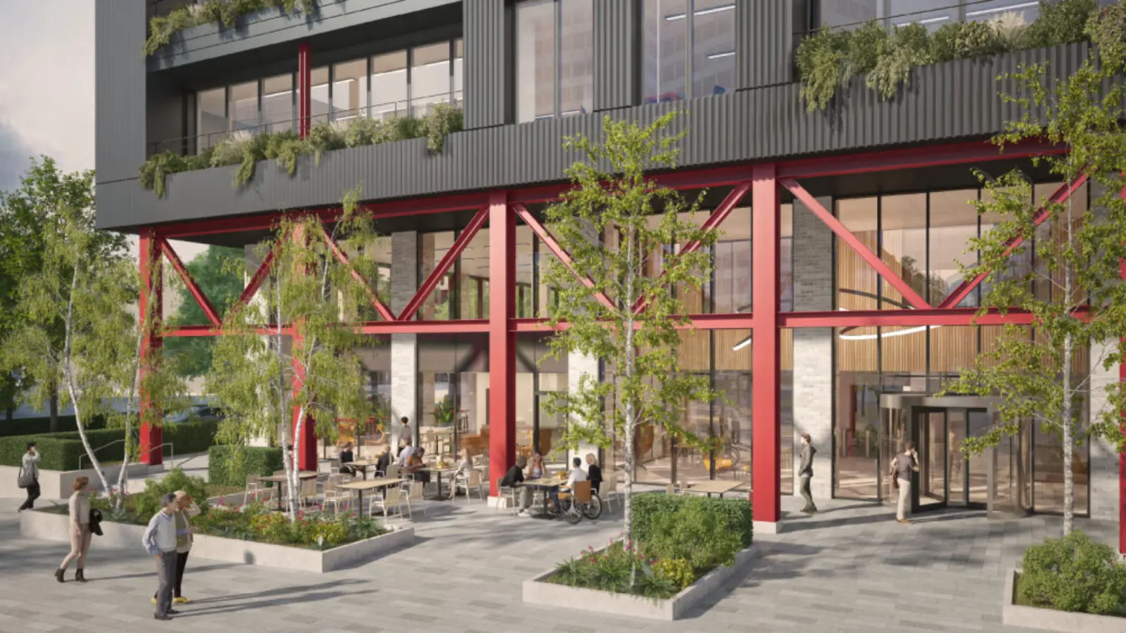 CGI of new station office building at Brabazon, showcasing a external seating on the ground floor. 