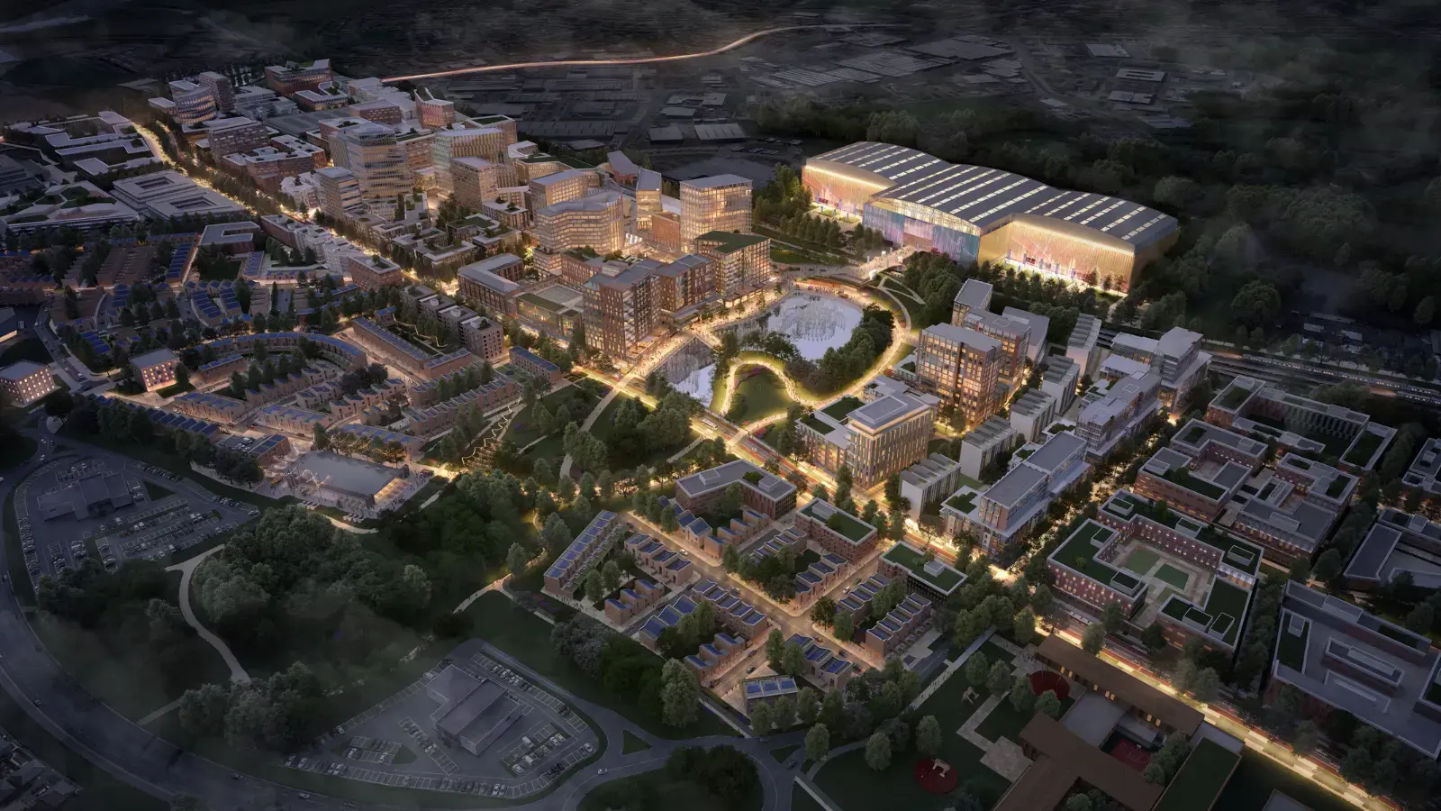 Aerial view of Brabazon at night