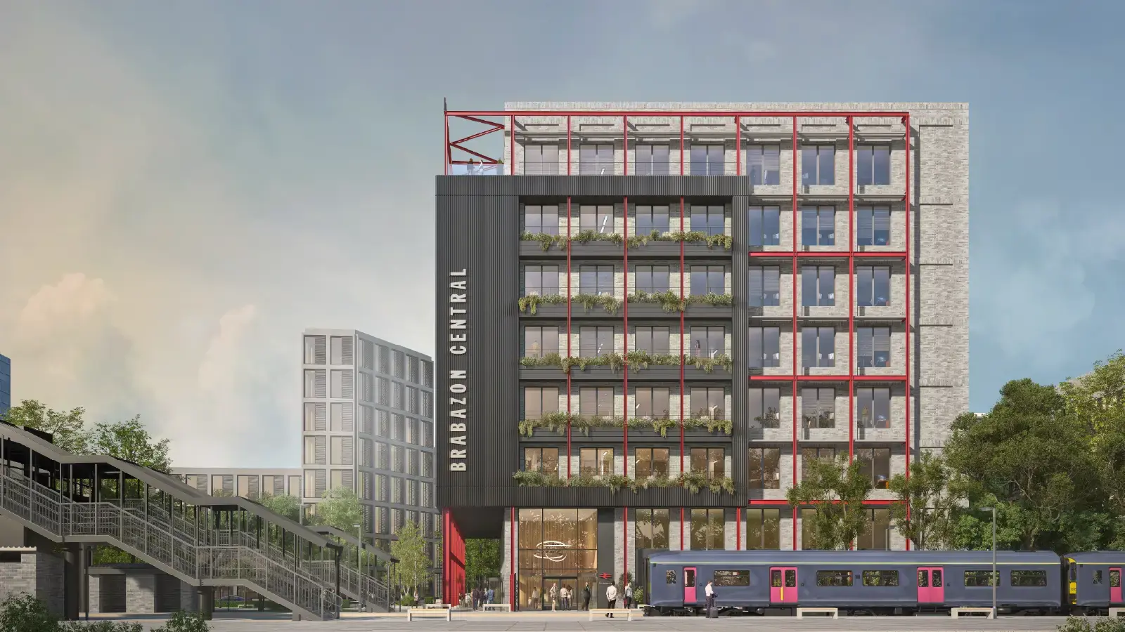 CGI of eight-storey office development near the new train station at Brabazon. 